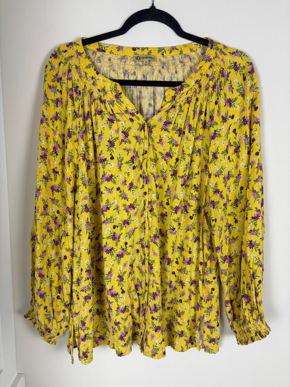 Democracy Womens 2X Yellow Purple Floral Peasant Blouse Long Sleeve Boho Plus
